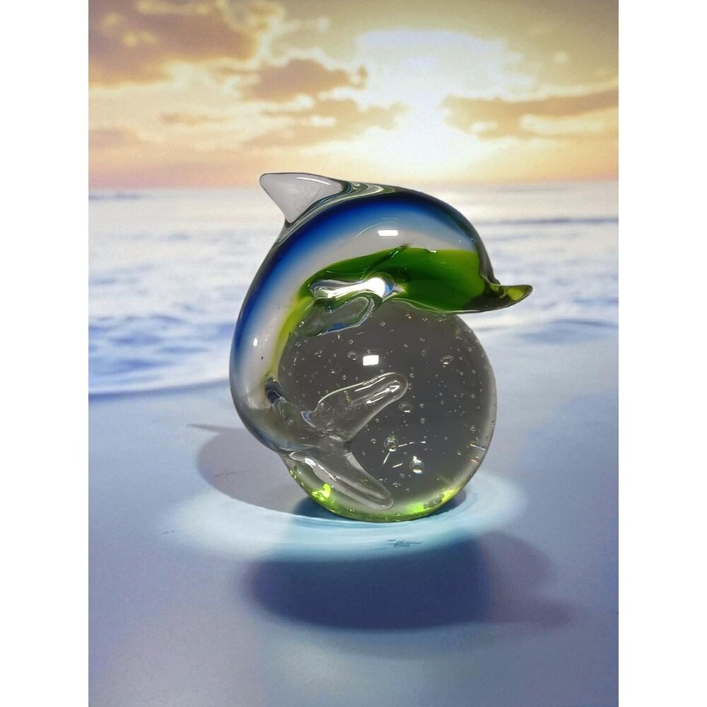Green Blue Dolphin Art Glass Figurine Paperweight Ocean Marine Sea Animal Gift